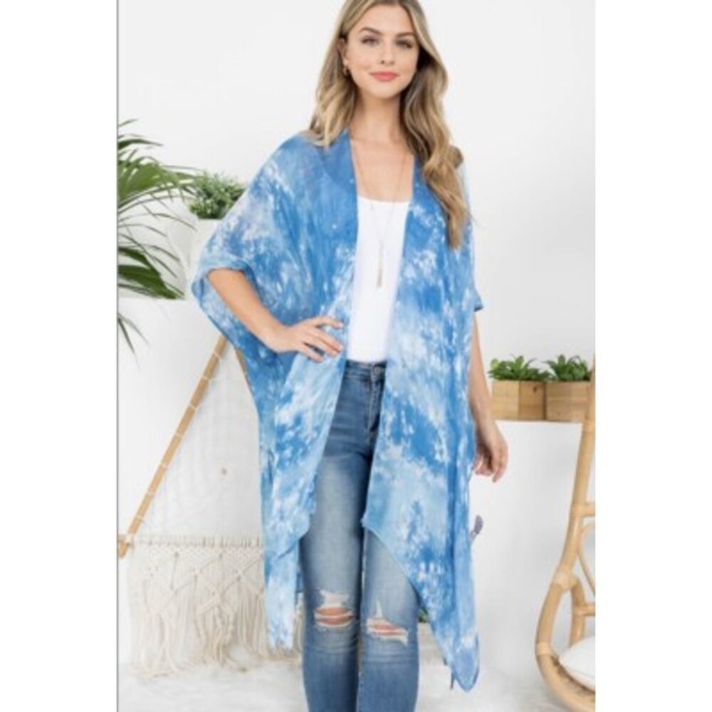 Aerie blue tie-dye kimono open cardigan OS short sleeve cover up office sweater